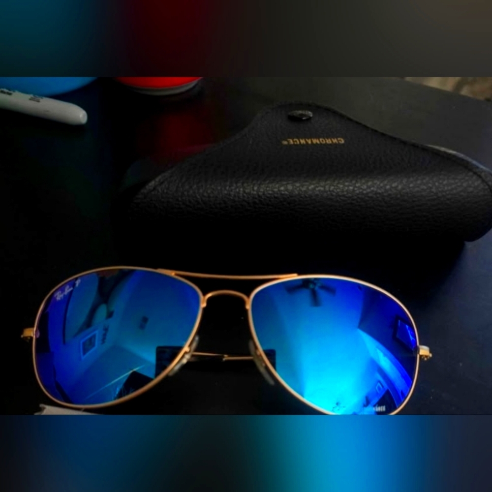 Ray-Ban Gold Frame Sunglasses with Reflective Blue Lenses